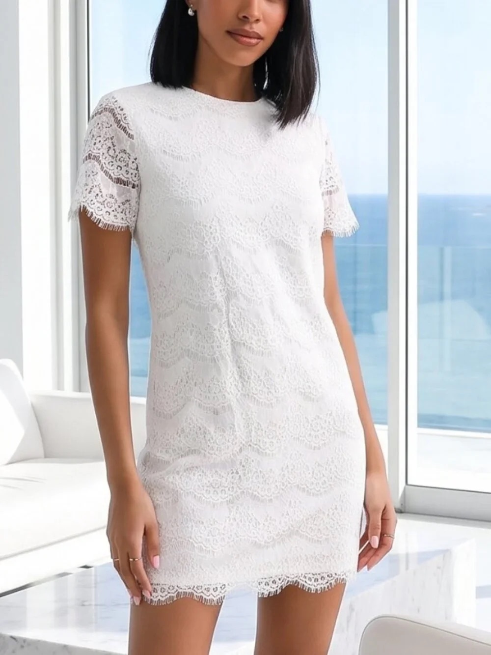 White Lace Mini Dress with Short Sleeves - Women's Elegant Summer Dress